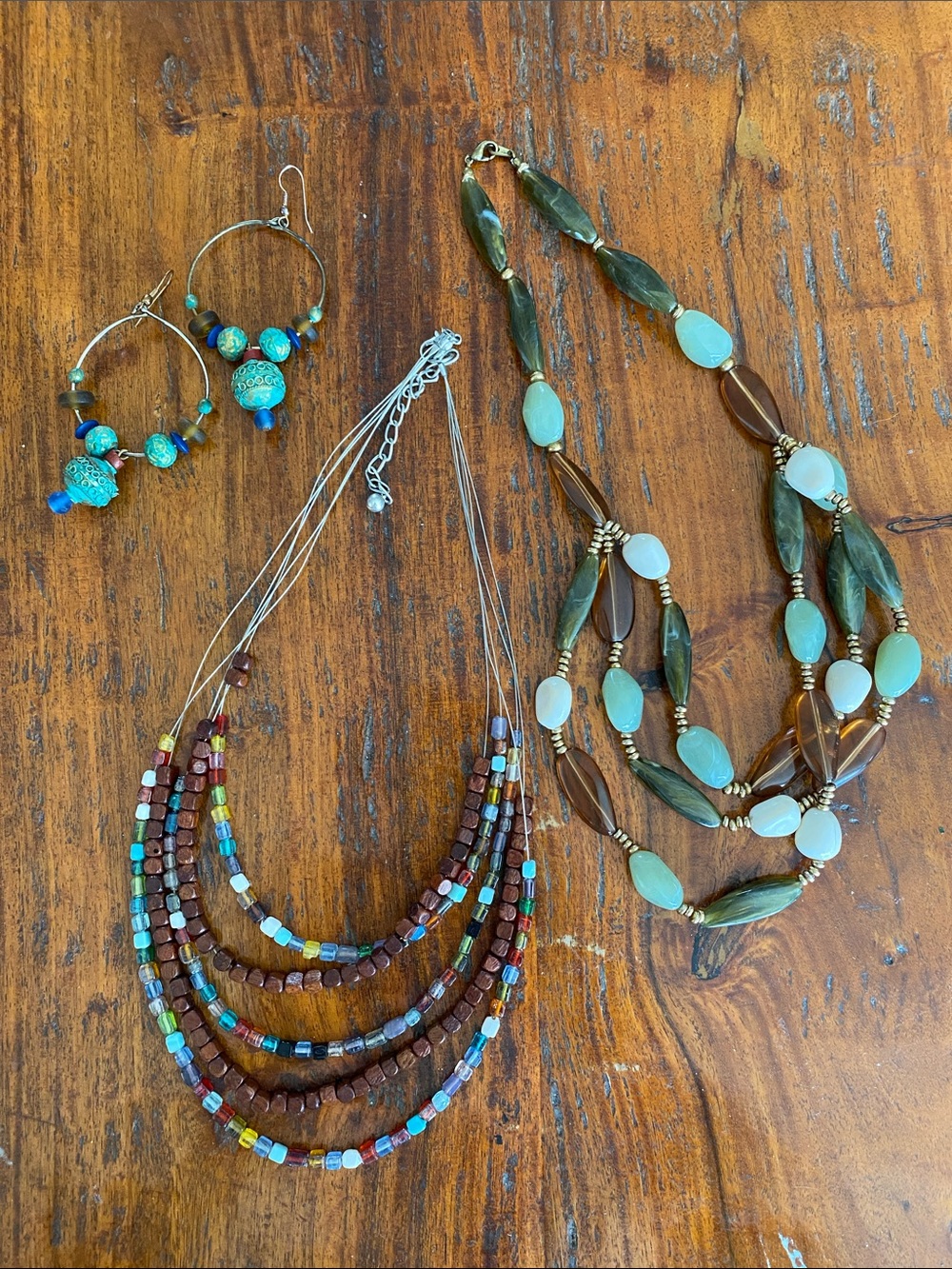 COSTUME set of 2- Multicolor Beaded Necklaces, earth tones.